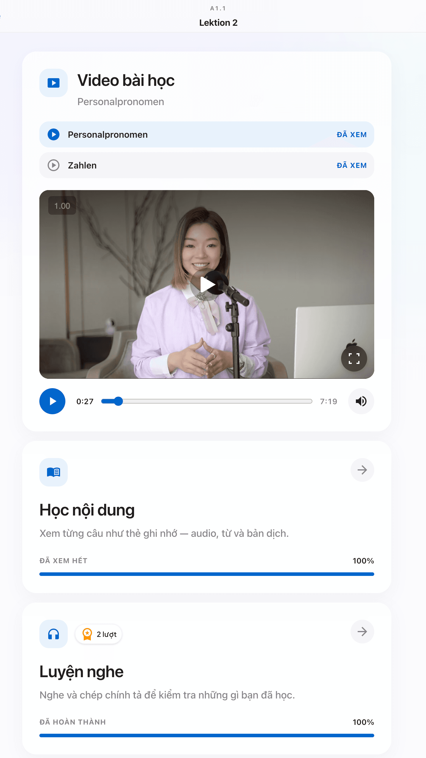 Bài học video Lektion 2 trong ứng dụng NaNu NaNa trên điện thoại